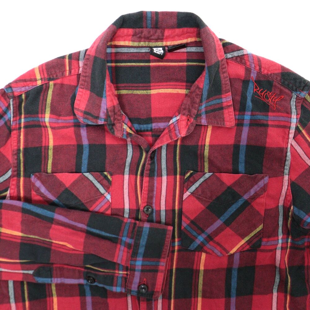 Vintage Rusty Button Shirt Flannel Mens Medium Grunge‎ 90s Surf Red Plaid Skate